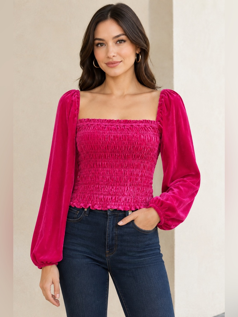 Anthropology Smocked Velvet Square-Neck Top - Hot Pink